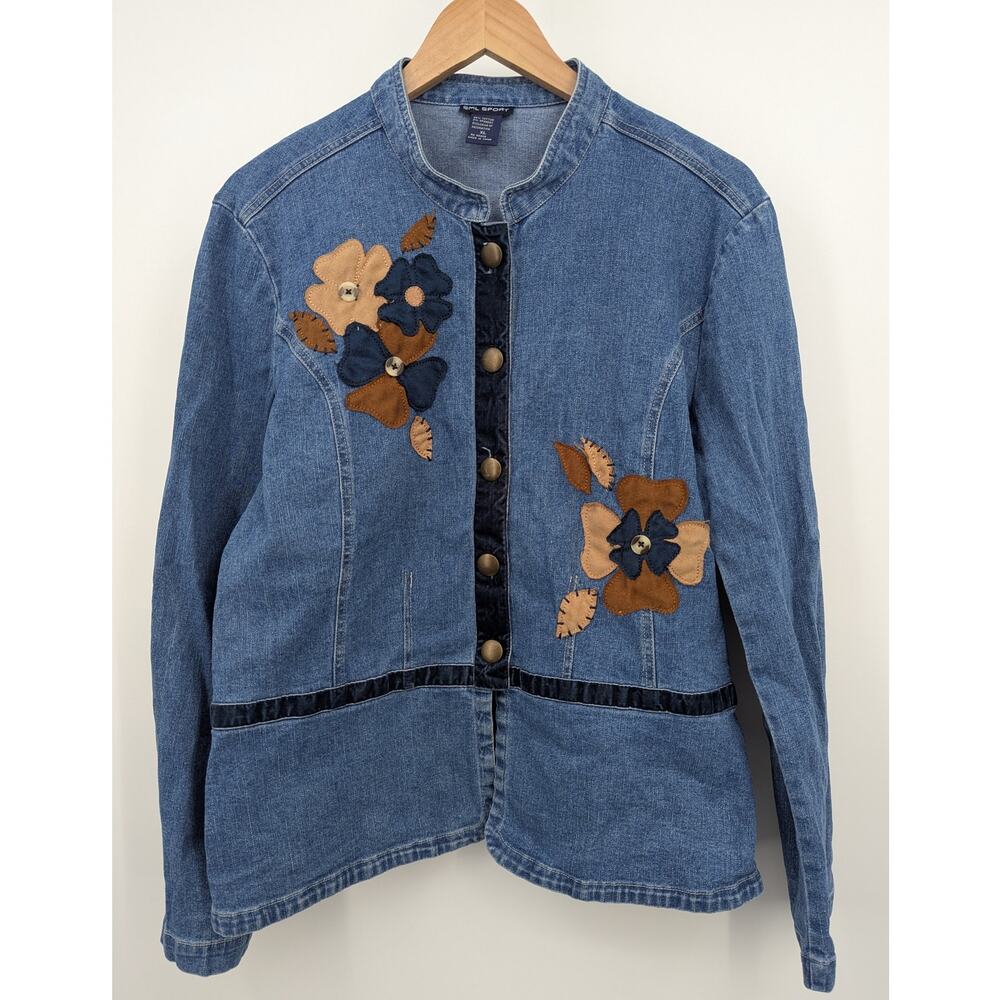 SML Sport Denim Jacket XL Floral Applique Button Front Jean Jacket Women’s